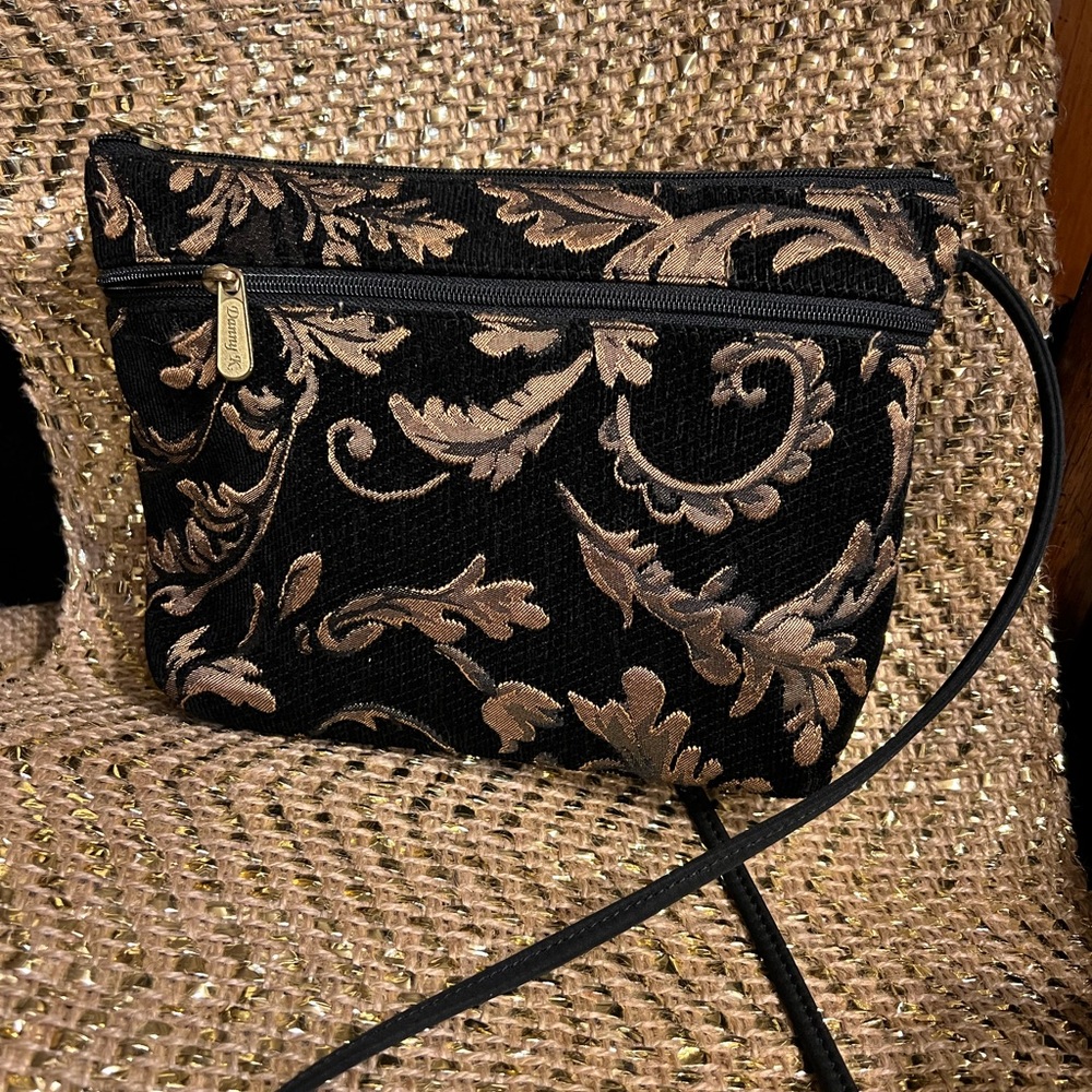 Danny K Beverly Hills Black and Gold Tapestry Crossbody Bag